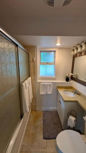 a bathroom with a toilet and a sink and a window at Bright & Cozy Garden Level Suite in North Vancouver