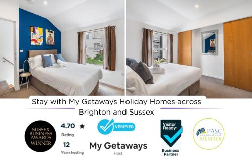 two pictures of a hotel room with two beds at Leafy Haven By My Getaways in Brighton & Hove