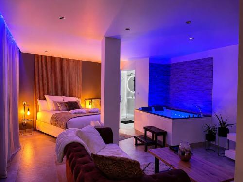 a bedroom with a bed and a tub in a room at Appart&Spa Devosge in Dijon