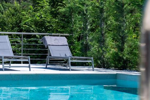 two chairs sitting next to a swimming pool at BlackPine Villa in Amisianá