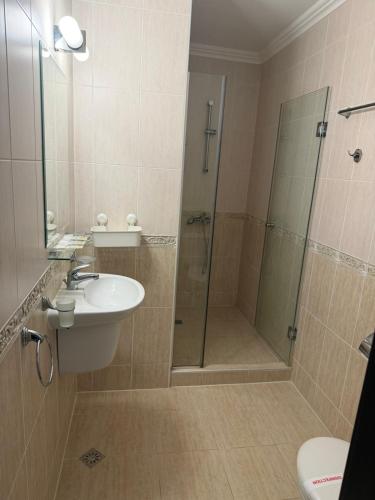 a bathroom with a shower and a sink at Premium Apartments in Sveti Vlas