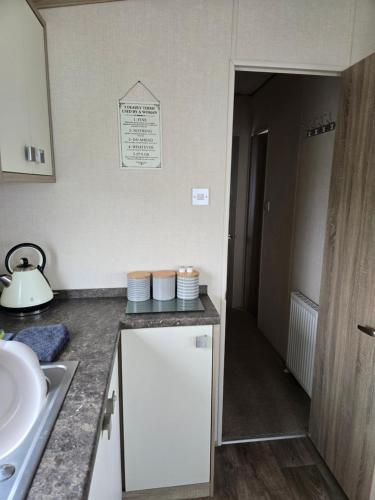 a kitchen with a sink and a counter top at Bayview at Pengarreg in Llanrhystyd