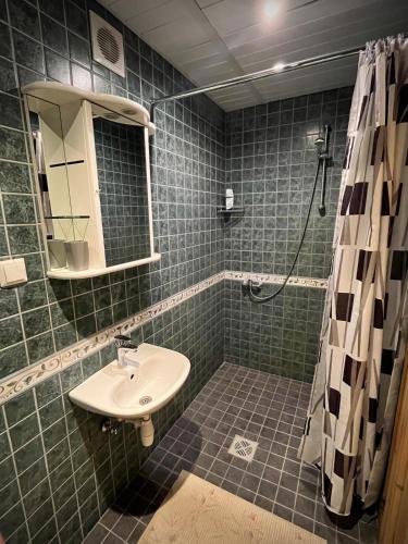 a bathroom with a sink and a shower at Vormsi Ohvitseride Maja korter nr 2 in Hullo