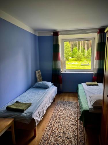a bedroom with two twin beds and a window at Vormsi Ohvitseride Maja korter nr 2 in Hullo