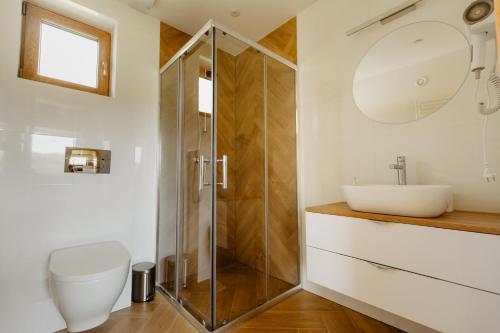 a bathroom with a shower and a toilet and a sink at Sokoli Zakątek - domki w Bieszczadach in Bukowiec