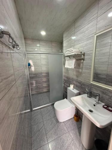 a bathroom with a shower and a toilet and a sink at La Casa Boutique Nizami in Baku