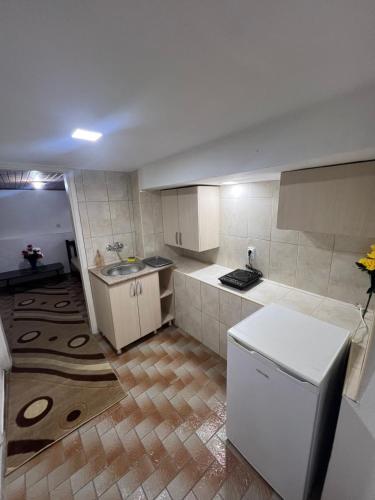 a kitchen with a white refrigerator and a counter at Apartmani Tina in Sutomore
