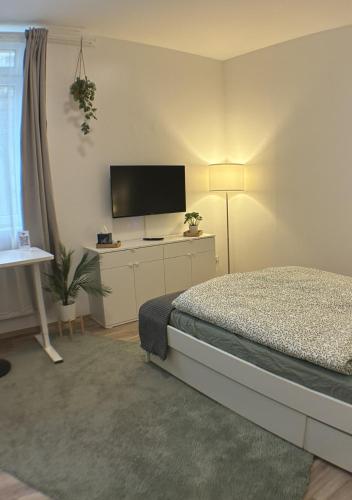 a bedroom with a bed and a flat screen tv at Apartment am Bahnhof mit Self-Check-in in Coburg