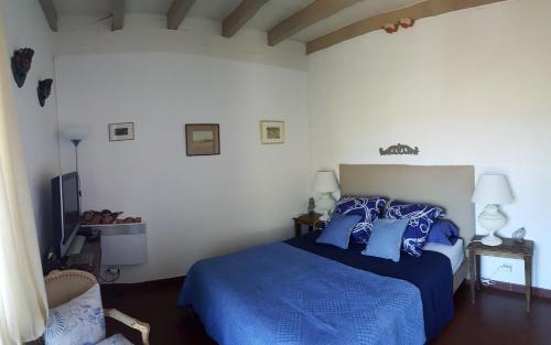 une chambre avec un lit bleu avec des oreillers bleus dans l'établissement Le Mas de la Griotte, à Bormes-les-Mimosas