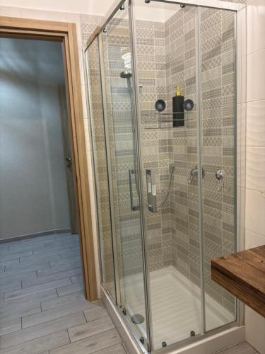 a shower with a glass door in a bathroom at Respiro Di Mare in Torre del Greco