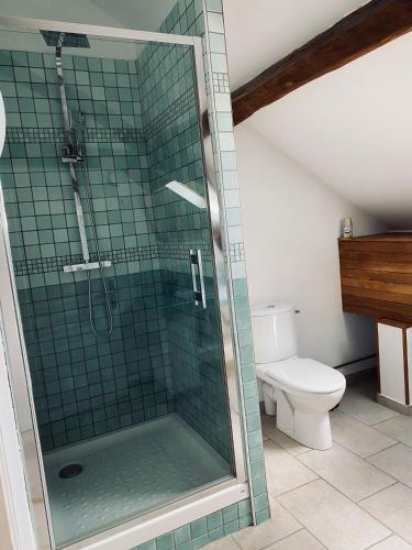 a bathroom with a glass shower with a toilet at Gîte des Charbonneaux in Avrée