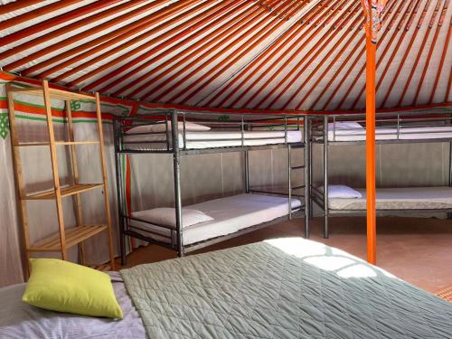 a room with three bunk beds in a tent at Yourtes Corse Le pré aux biches in Zonza