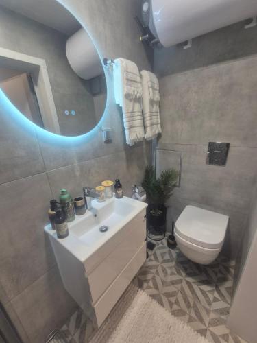 a bathroom with a sink and a toilet and a mirror at Miradi Art Apartment in Stara Zagora