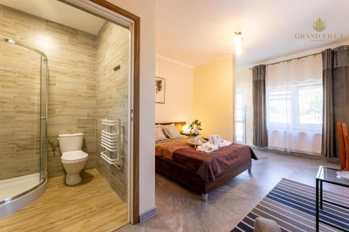 a bedroom with a bed and a shower and a toilet at GRAND VILLA USTKA- POKOJE z BALKONAMI I TARASAMI, PARKING W CENIE ! in Ustka