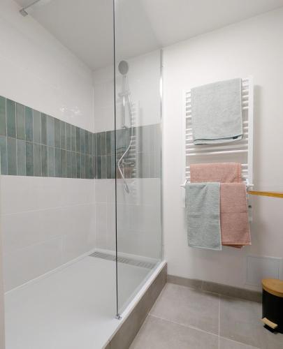 a bathroom with a shower with a glass door at l'Orée du Bois in Saint-Brice