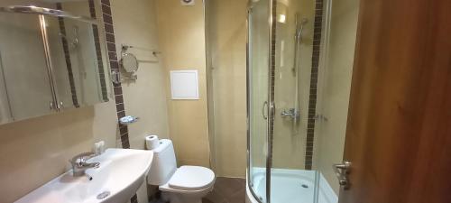 a bathroom with a shower and a toilet and a sink at Winslow Infinity Aparthotel in Bansko