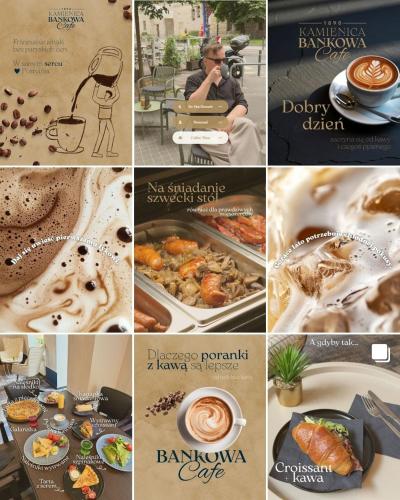 a collage of photos of different cafes and food at Kamienica Bankowa Residence in Poznań