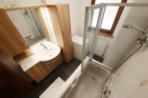 a bathroom with a sink and a toilet and a shower at Gîte sur l'ancienne cave in Epfig