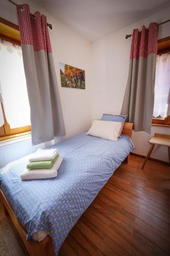 a bedroom with a bed with blue sheets and windows at Gîte sur l'ancienne cave in Epfig