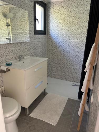 a bathroom with a sink and a toilet and a mirror at LES VILLAS LECCI E MARE in Zonza