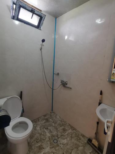 a bathroom with a toilet and a sink at Levani Cottages in Ureki