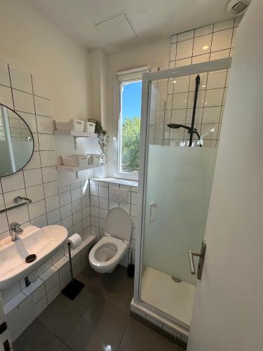 a bathroom with a shower and a toilet and a sink at La lumière d'Issy in Vanves