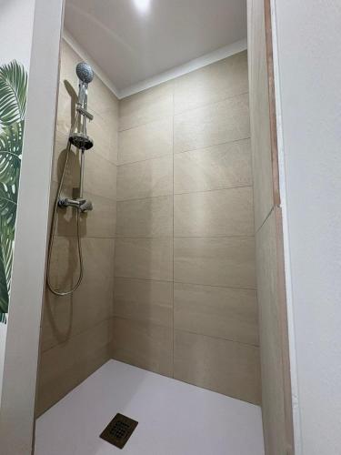 a shower stall in a bathroom with a shower at Escale Tropicale in Lectoure