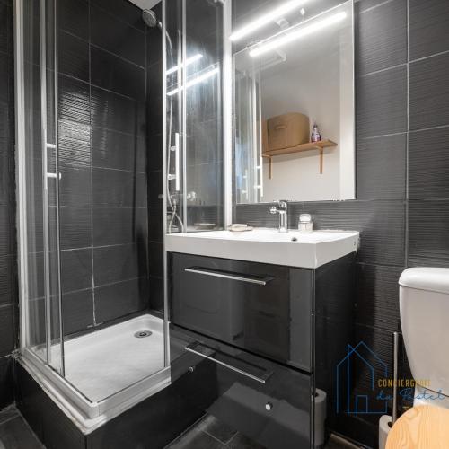 a bathroom with a shower and a sink and a toilet at Le Pastel Albigeois Parking & jardin 1km Unesco in Albi