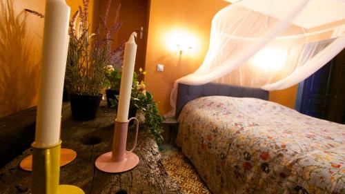 a bedroom with a bed with two candles and plants at Le Gîte des Jardins d'Ispahan in Prignac-et-Marcamps