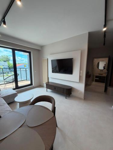 a living room with a couch and a tv at MJ Apartments in Łomża