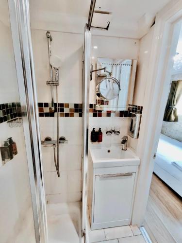 a bathroom with a sink and a shower at The Bridge House in Hounslow