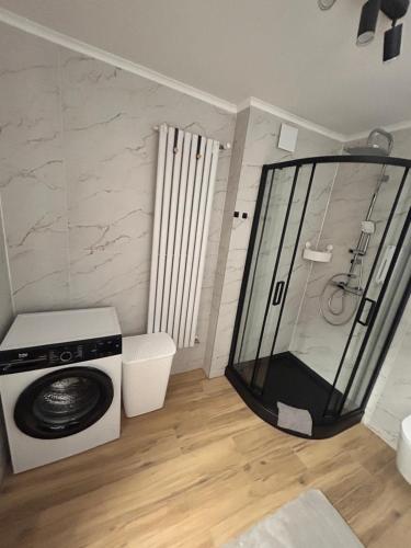 a shower and a washing machine in a bathroom at Apartament Hey Gron in Groń