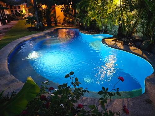 a swimming pool in a backyard at night at Hazel's Suites in Dauin