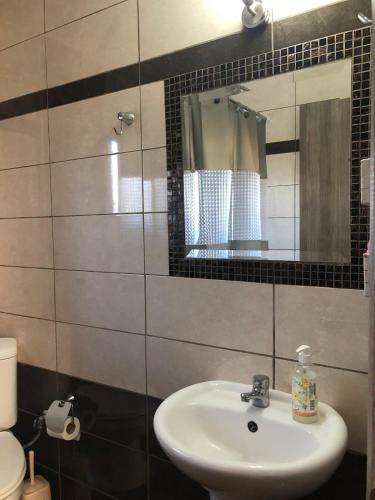 a bathroom with a sink and a mirror at Villa Dream in Karianí