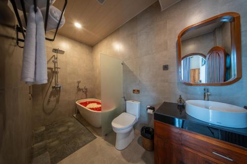 a bathroom with a toilet and a sink and a mirror at Velonia Iseh in Sidemen