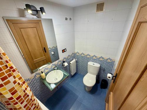 a bathroom with a toilet and a sink and a mirror at Lotila Flats Oviedo in Oviedo