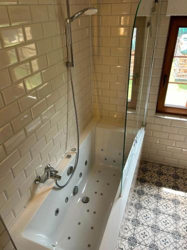 a bathroom with a shower and a bath tub at Haus an der Spree in Friedland