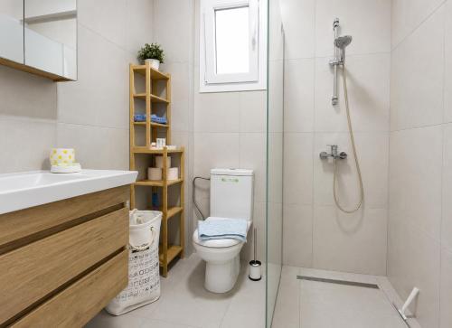 a bathroom with a toilet and a glass shower at Lagonisi Apartment in Skála Nikíta