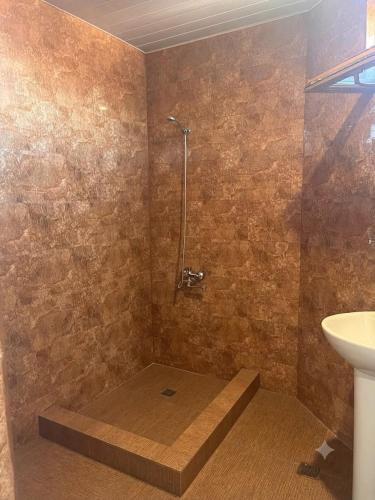 a bathroom with a shower and a sink at Guramishvili 7 in Kobuleti
