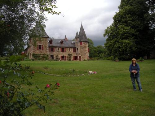 Eine Frau steht auf einem Feld vor einem alten Haus. in der Unterkunft Chateau de Bellefond in Lagraulière