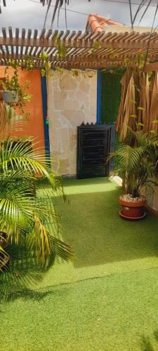 a patio with grass and potted plants and a building at Valle Romantico in Manoguayabo