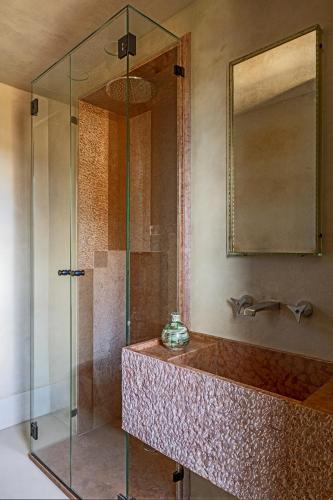 a bathroom with a shower with a sink and a mirror at Herbighe Retreat in Asiago