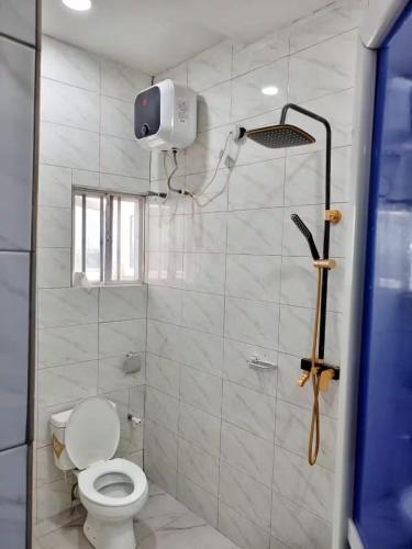 a white bathroom with a toilet and a shower at Naira and Kobo Hotel in Umuahia
