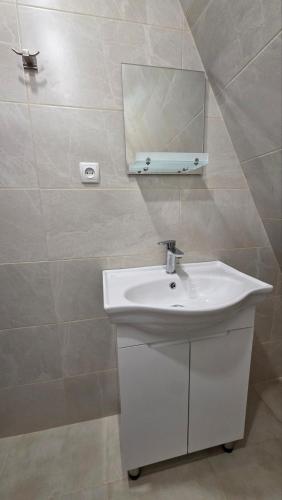a bathroom with a white sink and a mirror at Riverside Ghari Cottages in Oni