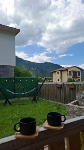 two coffee cups sitting on a table in a backyard at Cottage Marta Sadgeri in Borjomi