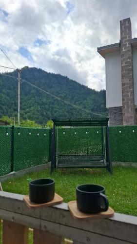 two bowls are sitting on a wooden table at Cottage Marta Sadgeri in Borjomi