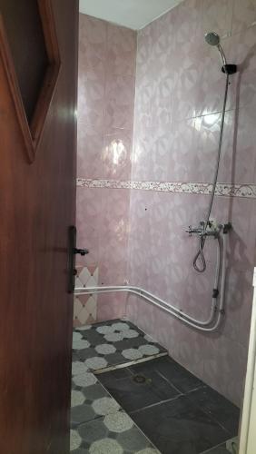 a bathroom with a shower in a pink wall at Hebergement Tamazight 2 in Tarrast
