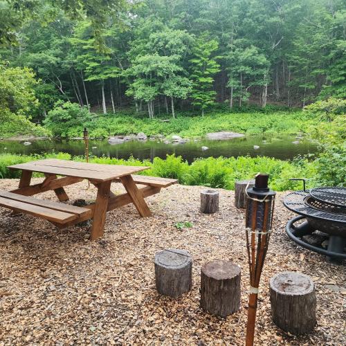 a picnic table and a grill with trees in the background at Flatrock on the River Topknot in Frankfort