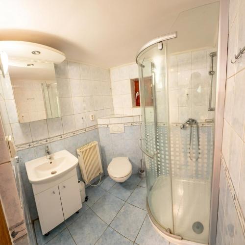 a bathroom with a shower and a toilet and a sink at Chata U malého Janka in Bojnice