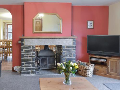 a living room with a fireplace and a television at Elderberry House in Kelly